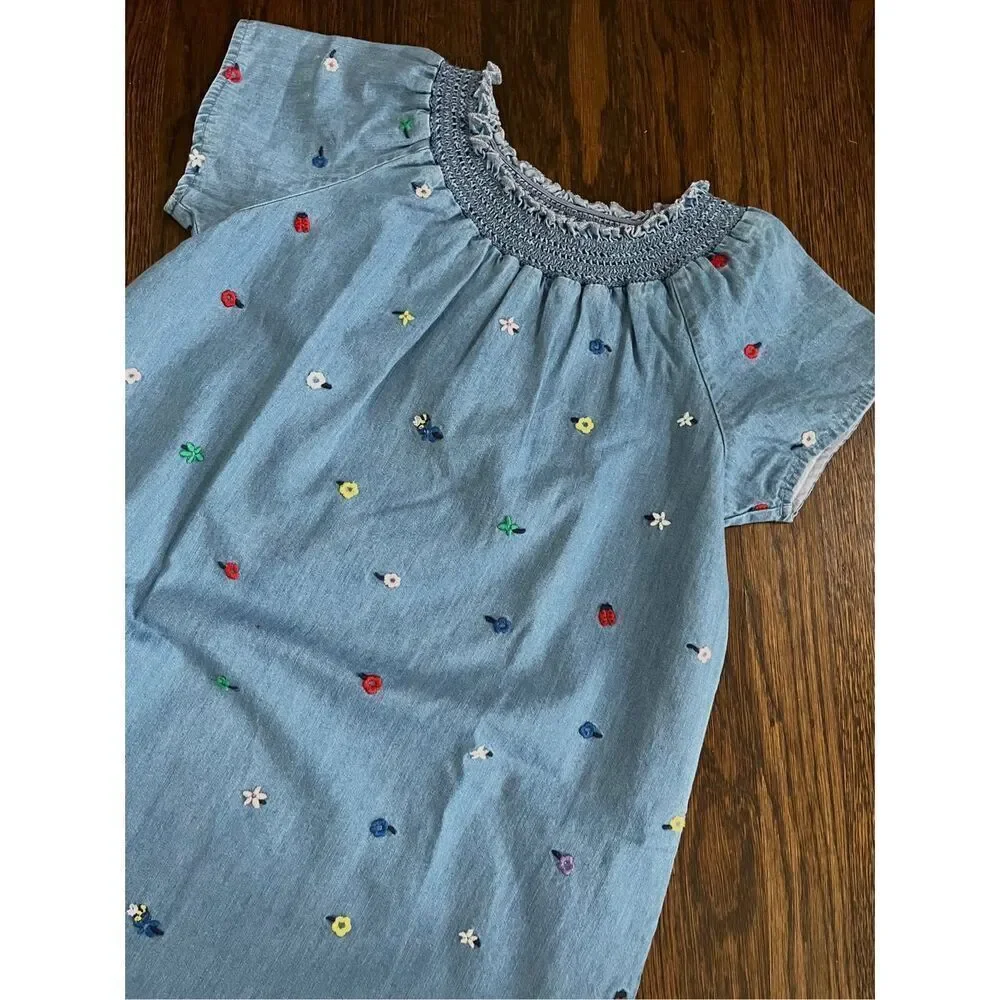 Hanna Andersson Girls 8 (130) Flower Embroidered Chambray Denim Dress